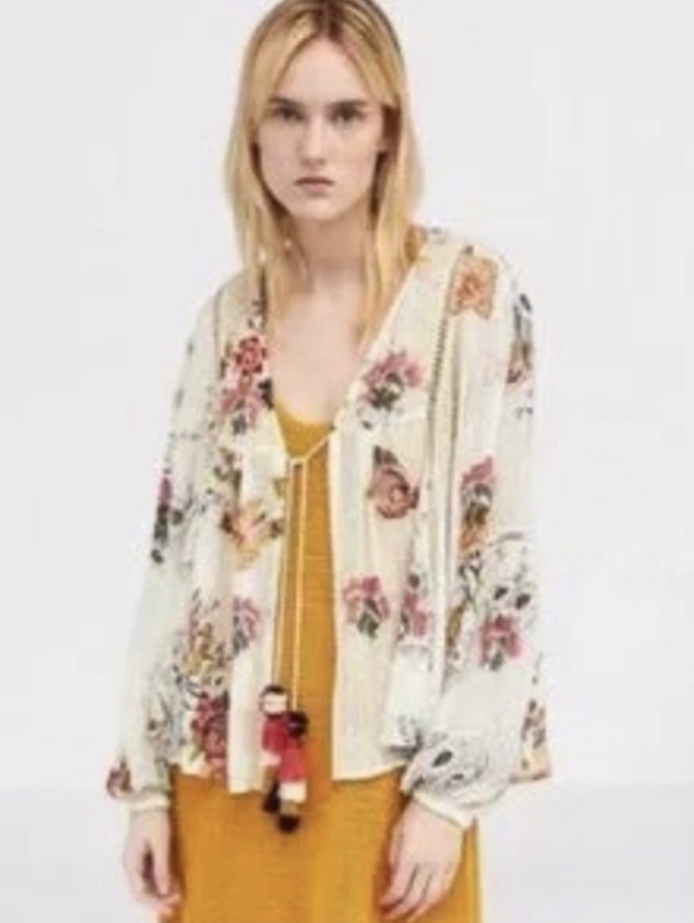 Zara Cream Floral Sheer Tie-Front Blouse